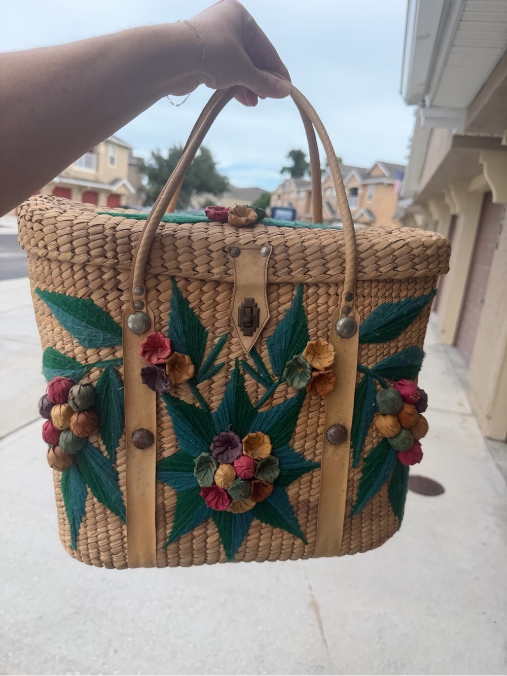 Vintage Handwoven Straw Tote Multicolor Flower Accents